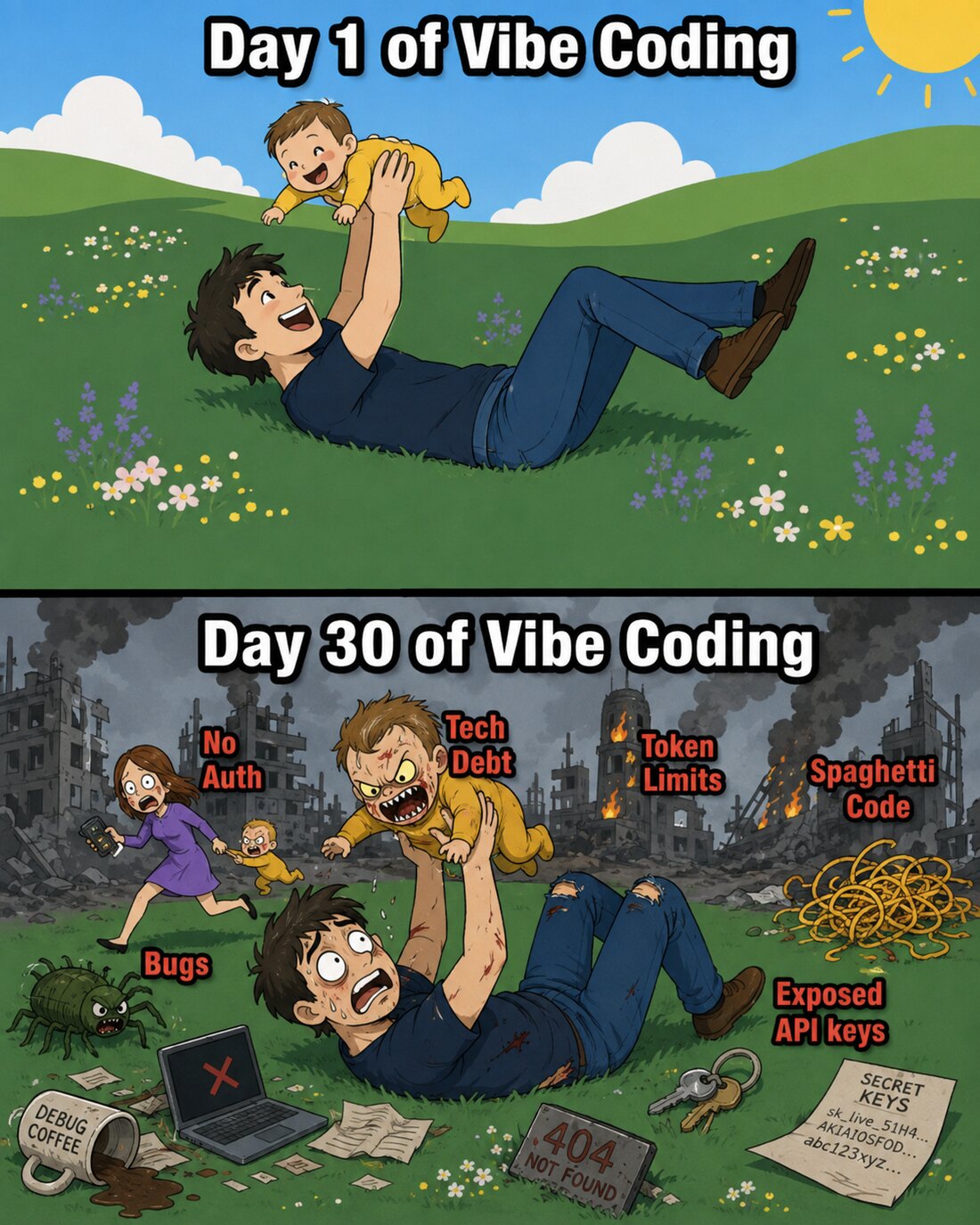 Two-panel meme. Top: 'Day 1 of Vibe Coding' — a developer lies in a sunlit meadow happily lifting a laughing baby. Bottom: 'Day 30 of Vibe Coding' — the same scene in a burning, ruined landscape, the baby now a snarling monster, surrounded by labels reading No Auth, Tech Debt, Token Limits, Spaghetti Code, Bugs and Exposed API Keys, with a cracked laptop, a 404 sign and a page of leaked secret keys on the ground.